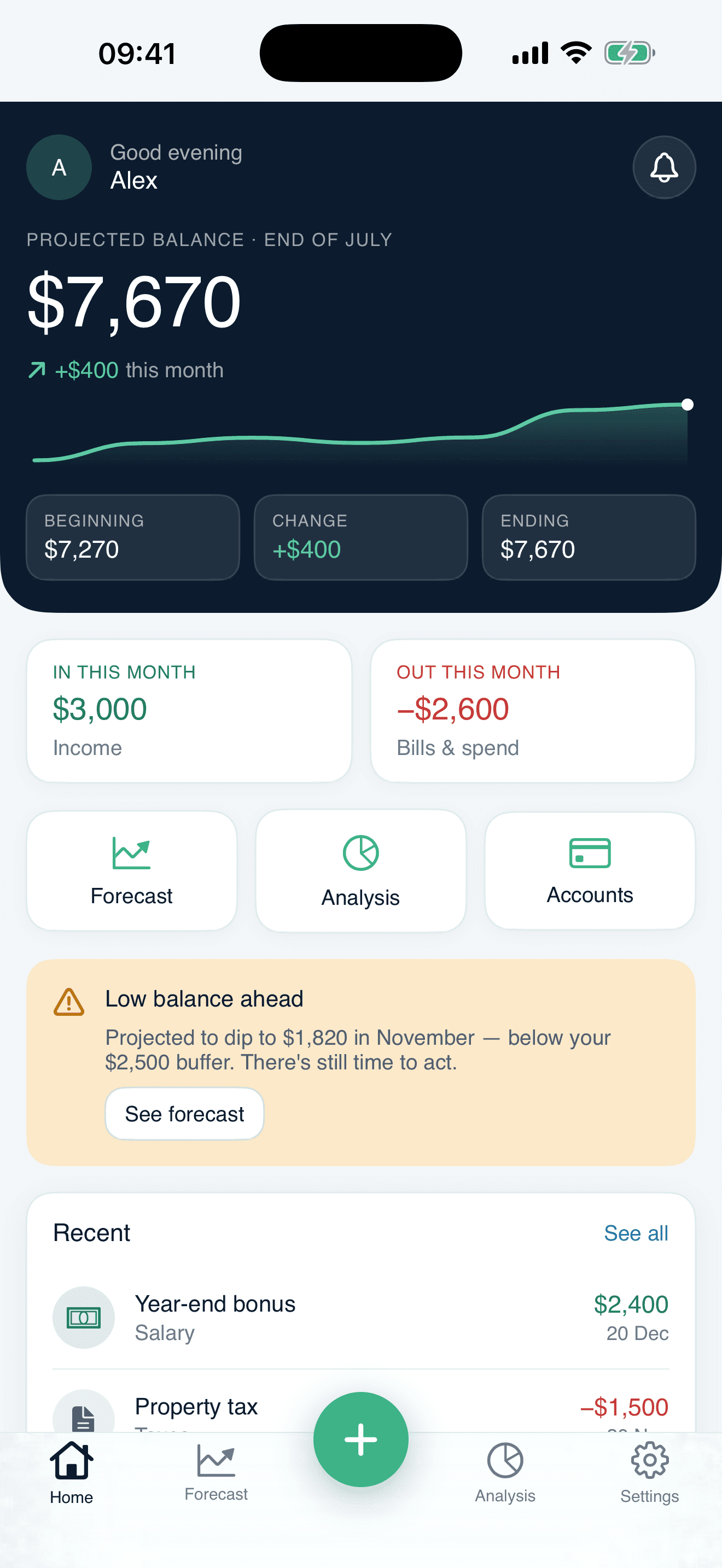 CashVista home screen: projected balance and this month’s activity.