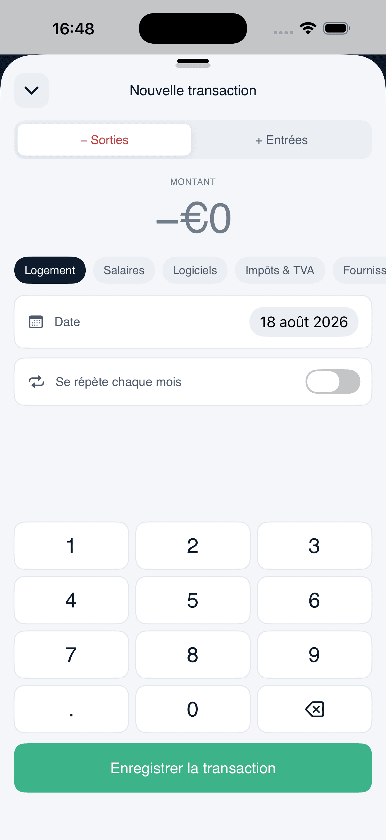Écran d’ajout d’une opération dans CashVista.